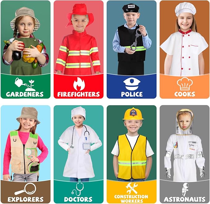 Vicenpal 8 Sets Pretend Play Kids Costumes Set Christmas Gifts Washable Chef Construction Policeman Fireman Doctor Astronaut Costumes for Boys Toddler Girls Kids