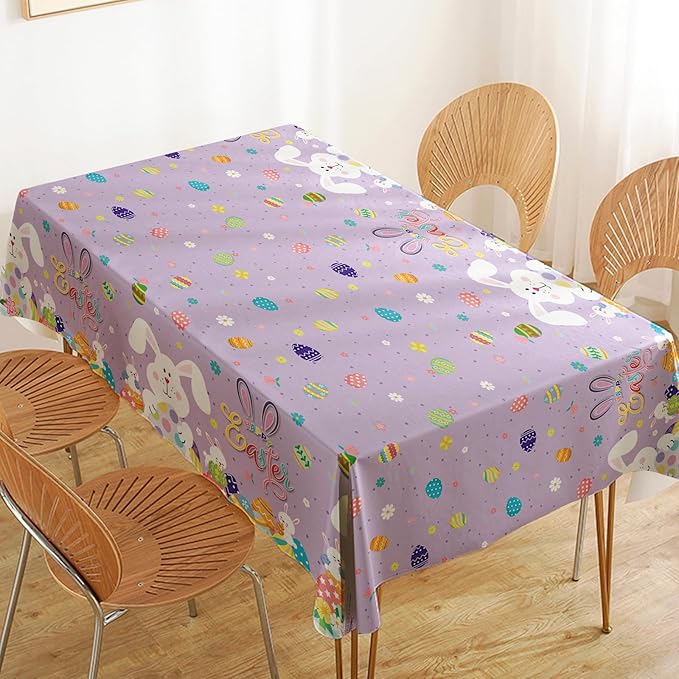 Happy Easter Tablecloth 2 Pack, Bunny Plastic Disposable Tablecloth 54 x 108 Inch, Spring Easter Party Table Cover for Kids Easter Celebration, Holiday Decorations