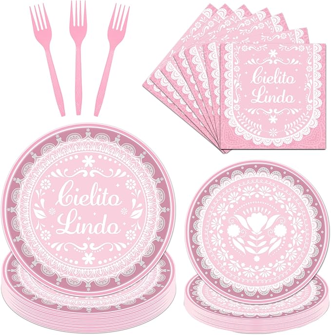 Rakuto Elomy Cielito Lindo Party Decoration Tableware, 96PCS Pink Cielito Lindo Disposable Paper Plates and Napkins Baby Shower Decoration, Mexican Themed Forks Decor Serve 24