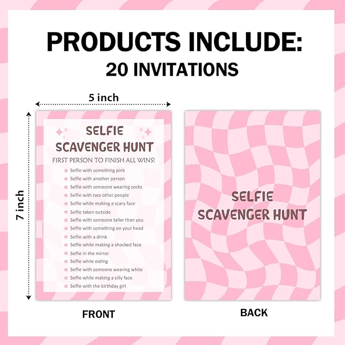 Birthday Party Games Card - Selfie Scavenger Hunt, Bday Party Games for Teen Girl Adult, Set of 20 pcs Game Cards, Birthday Party Favor Activity Sleepover Party Decor Supplies - FS270