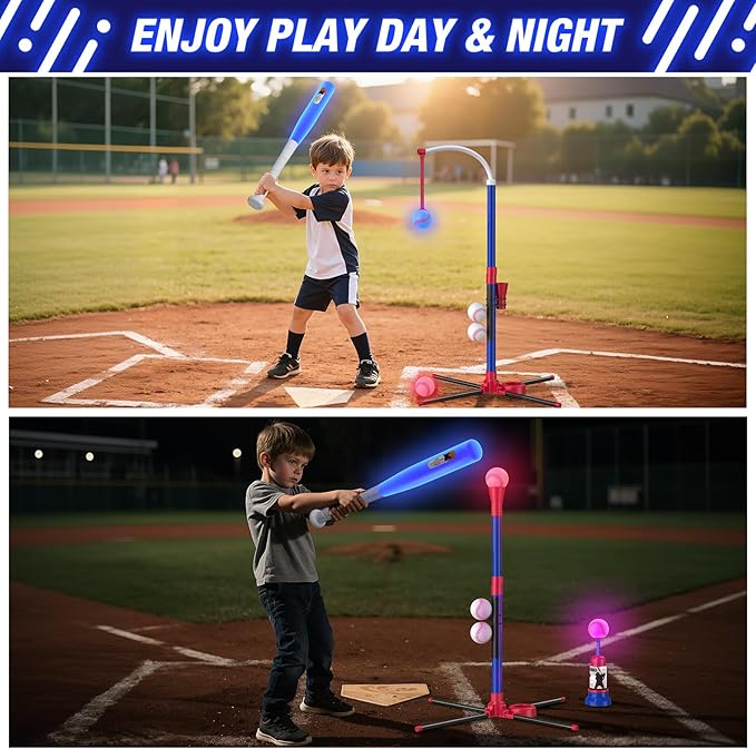 3-in-1 LED Baseball Set for Kids 3-5 - Tee Ball Stand, Hanging Tee, Ball Launcher and 4 Softballs - Adjustable Height, Indoor/Outdoor Sport Gifts for Boys Girls, Blue