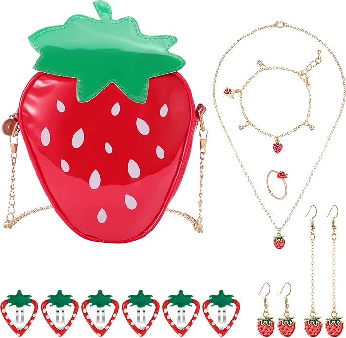 Strawberry Crossbody Bag Jewelry Set for Women Teen Girls, Strawberry Purse Cute Fruit Necklace Bracelet Earrings Ring Hair Clips Set Princess Dress up Pretend Play Jewelry Gifts