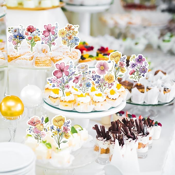 Wildflower Birthday Party Decorations, 36PCS Flower Floral Cupcake Toppers Decoration, Baby in Bloom Baby Shower Cupcake Picks Decor Party Supplies for Gilrs Women