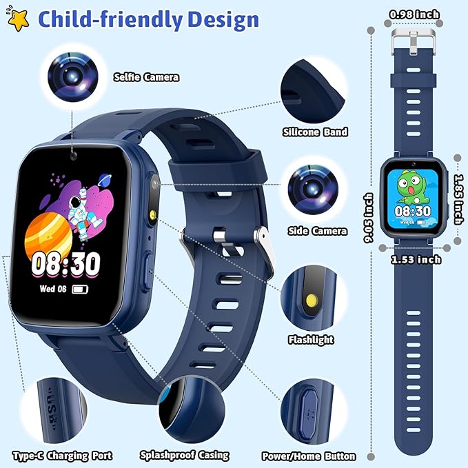 zicor Kids Game Watch Gift with 26 Puzzle Games, Dual Camera, Music Player, Pedometer, Video Recorder, Flashlight, Alarm Clock,Educational Toy for Boys Girls Age 4-12 Years Old,Birthday