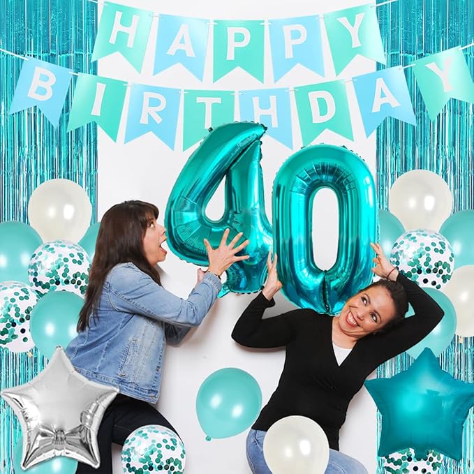 40th Birthday Decorations for Women Girls Teal - Queen Sash Happy Birthday Banner Cake Topper Number 40 Foil Balloon Foil Curtain for Turquoise Fortieth Birthday Decorations Party Supplies for Her