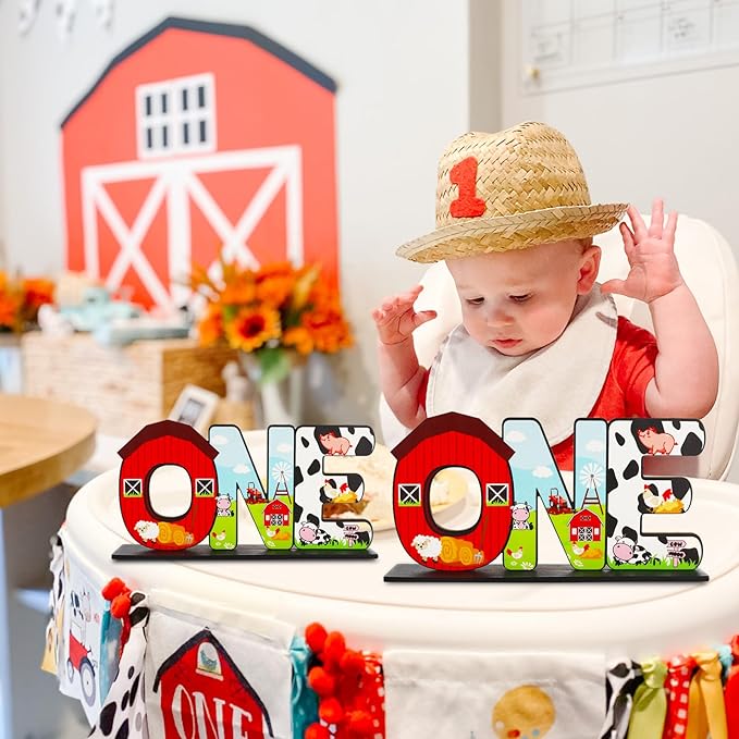 Farm Animal ONE Letter Sign Table Centerpieces for 1st Birthday Decorations,One Year Old Birthday Supplies Favors Baby Shower Party Photo Booth Props(2 Set)