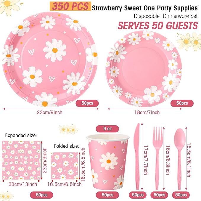 350 Pcs Daisy Party Supplies Tableware Set Disposable 9'' 7'' Paper Plates 9 oz Cups Cutlery Napkins Dinnerware Set for 1st Birthday, Serve 50 (Daisy Birthday, White, Pink)