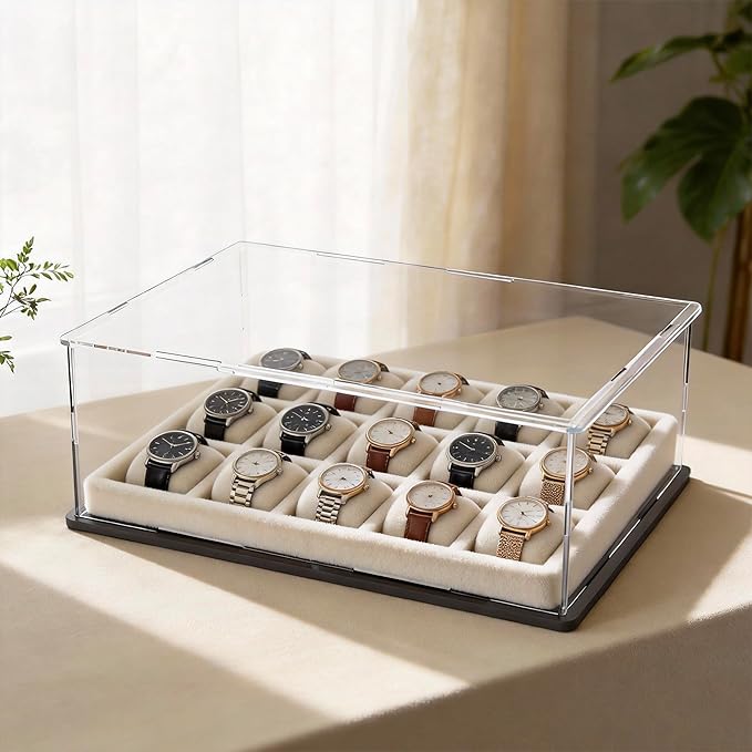 SVENJBB Large Display Case for Books and Medals, 16x13x5 Inch Acrylic Box for Stamp and Cards, Clear Acrylic Display Cases with Matte Black Base for Collection Protection and Storage