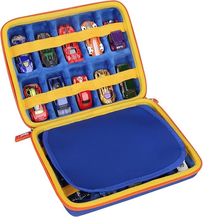 Mchoi Shockproof Carrying Case for Hot Wheels 20 Cars, Case Only (Blue, Yellow, Orange Zipper)