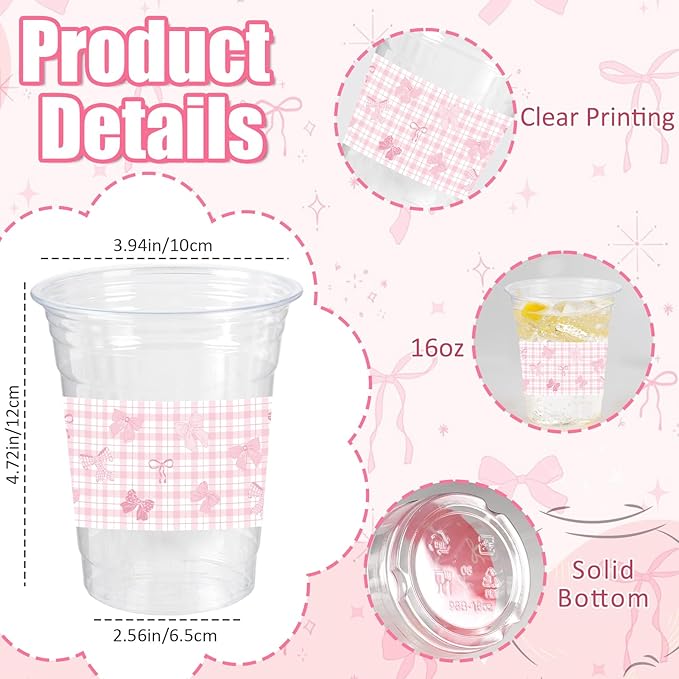 50 Pcs Pink Bow Birthday Decoration Cups,16 oz Coquette Plastic Disposable Drinking Cups for Wedding Birthday Bridal Baby Shower Party Supplies