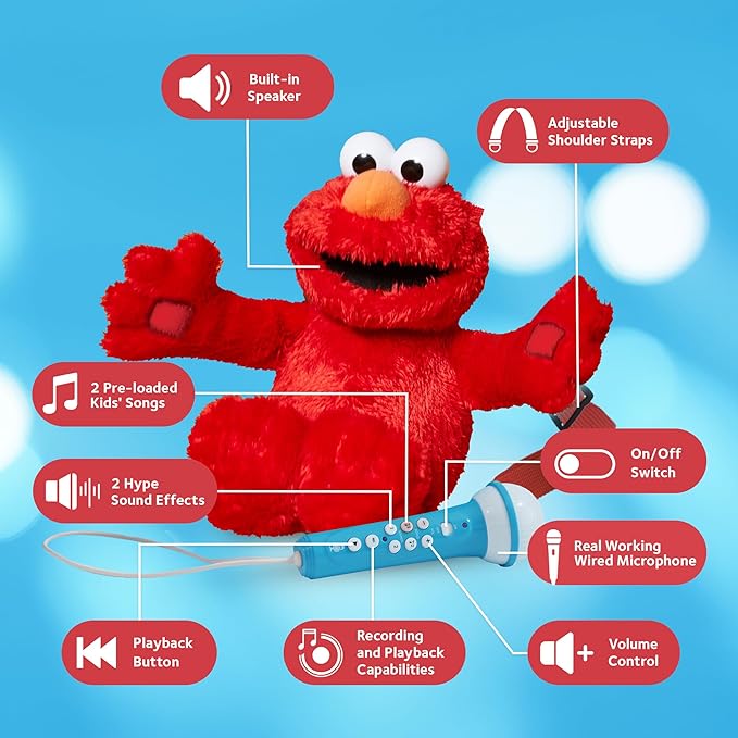 Singing Machine Karaoke Plush Sesame Street Toys ( Elmo Plush Toy) - Adjustable Carrying Straps - Sing-Along Built-in Real Working Microphone & Speaker with Record & Playback Function