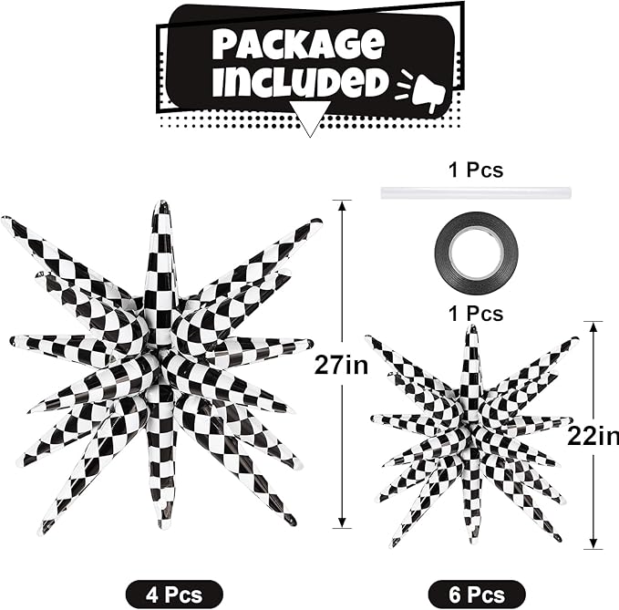 10 Pcs Star Balloons Explosion Balloon Foil Cone Balloons Magic for Birthday Wedding Anniversary Party Backdrops Decorations Supplies, 6 Pcs 22Inch and 4 Pcs 27Inch (Black and White)