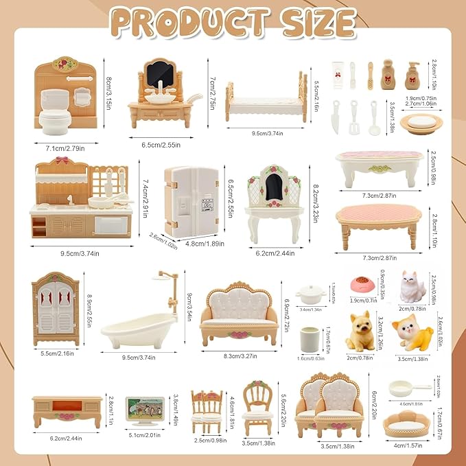 36Pcs Dollhouse Furniture Set,Miniature 1:12 Scale Dolls House Accessories with Cat,Dog,Kitchen, Dining Room, Living Room,Bedroom for Playhouse Toy(Beige)
