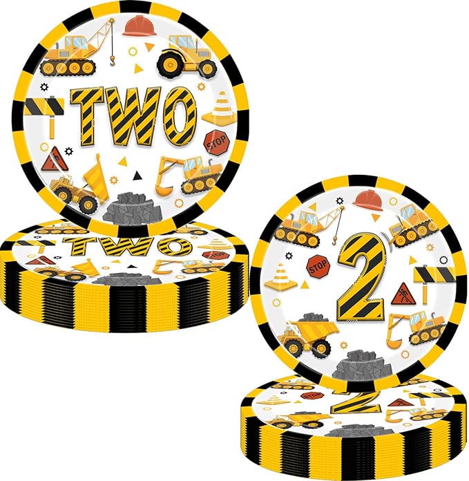 Construction 2nd Birthday Party Plates Construction Two Years Old Disposable Paper Dinner Plates Dinnerware for Dump Truck Theme 2nd Birthday Party Supplies Decorations