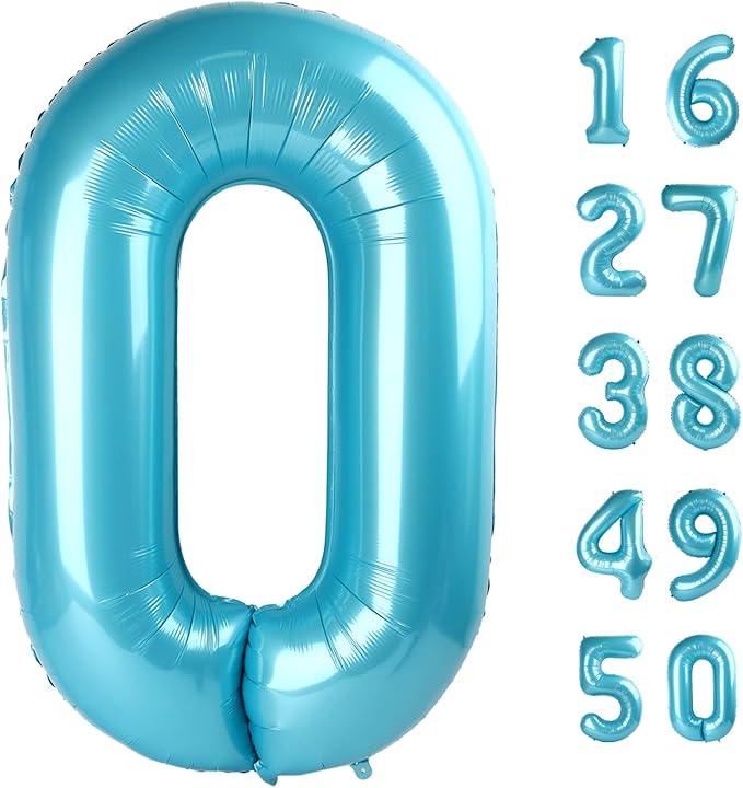 40 Inch Giant Number 0 Balloon Light Blue Foil Balloons for 10th 20th 30th 40th 50th 60th Birthday Decorations, Baby Shower Party Supplies 100 Anniversary Events Decorations