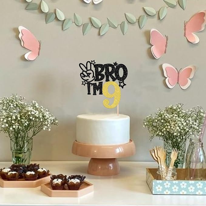 1 PCS Brother I'm 9 Cake Topper Glitter Star Happy 9th Birthday Cake Pick Bro I'm 9 Cake Decoration It's My 9th Birthday Decorations for Boys Cheers to 9 Years Old Birthday Party Supplies Gold