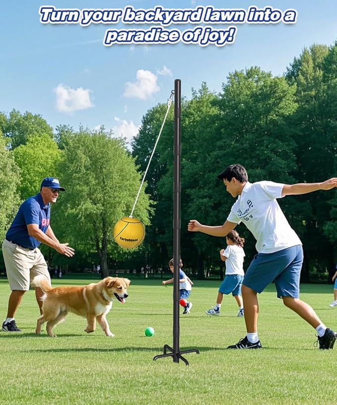Garbuildman Tetherball Set with Ball & Rope for Outdoor Backyard, Adjustable Tether Ball Pole with 5-Prong Base & Rubber Sleeve for Playground, Outside Ball Games Sports for Kids, Adults