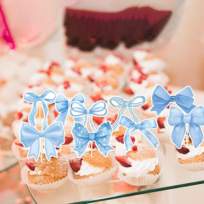 Blue Bow Cupcake Toppers Decor - Deorfuy 40PCS Blue Bow Themed Cupcake Picks Birthday Party Decorations Coquete Bday Supplies for Baby Shower