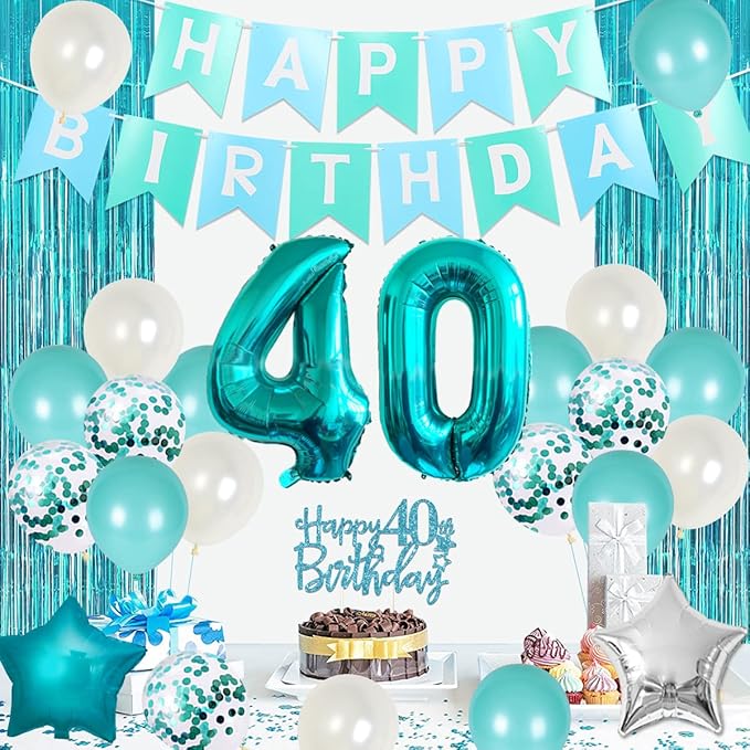 40th Birthday Decorations for Women Girls Teal - Queen Sash Happy Birthday Banner Cake Topper Number 40 Foil Balloon Foil Curtain for Turquoise Fortieth Birthday Decorations Party Supplies for Her