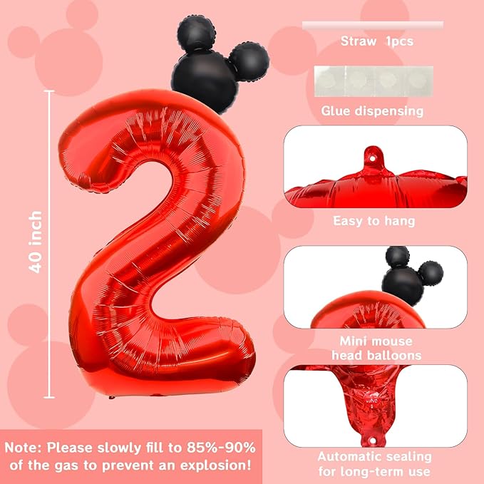 Mouse Number 2 Balloon 40 Inch Red Number 2 Balloon Mini Mouse Head Balloons for 2nd Birthday Party, Black Red Large Numeral Two Foil Balloons for Baby Shower Anniversary Supplies Decoration