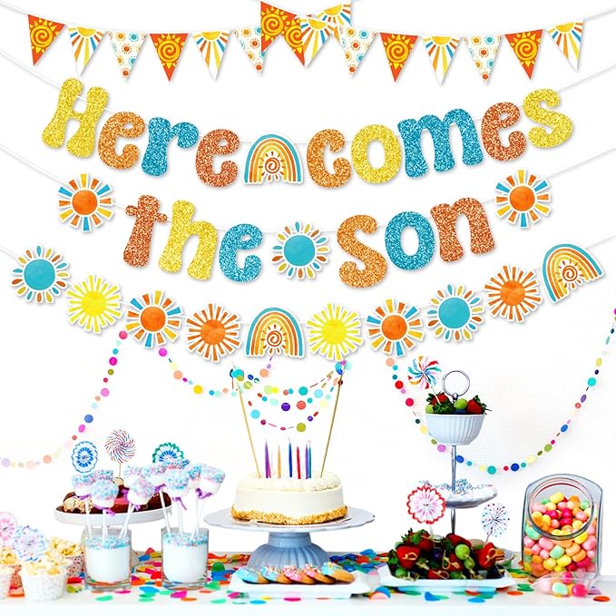 Pasimy Here Comes The Son Baby Shower Decor, Boho Retro Groovy Pennant Banner Sunshine Cutouts Banner for Boy First Trip Around The Sun 1st Birthday Party Supplies