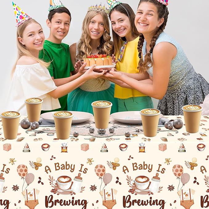 K1tpde 3PCS A Baby is Brewing Baby Shower Party Tablecloths for Kids, Coffee Themed Brown Plastic Tablecloths, Coffee Disposable Table Covers for Birthday Decorations, Pregnancy Diaper Party Supplies