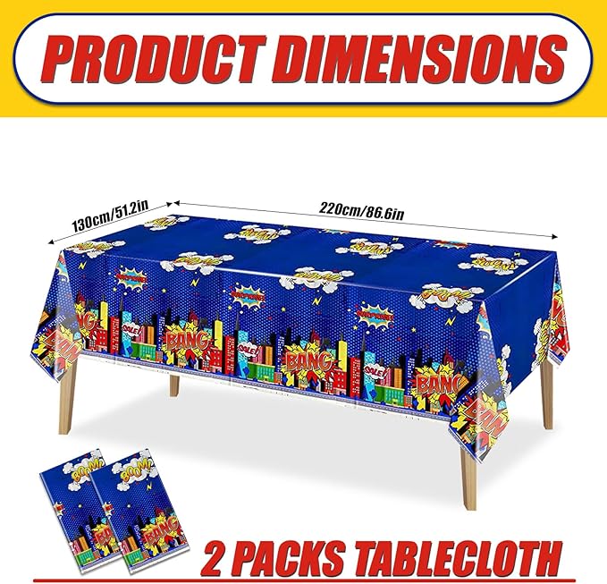 Superhero Plastic Tablecloth 2 Pack 51 x 87 Inches Superhero Party Decorations Rectangle Disposable Hero Table Cover Super Hero Theme Birthday Party Supplies