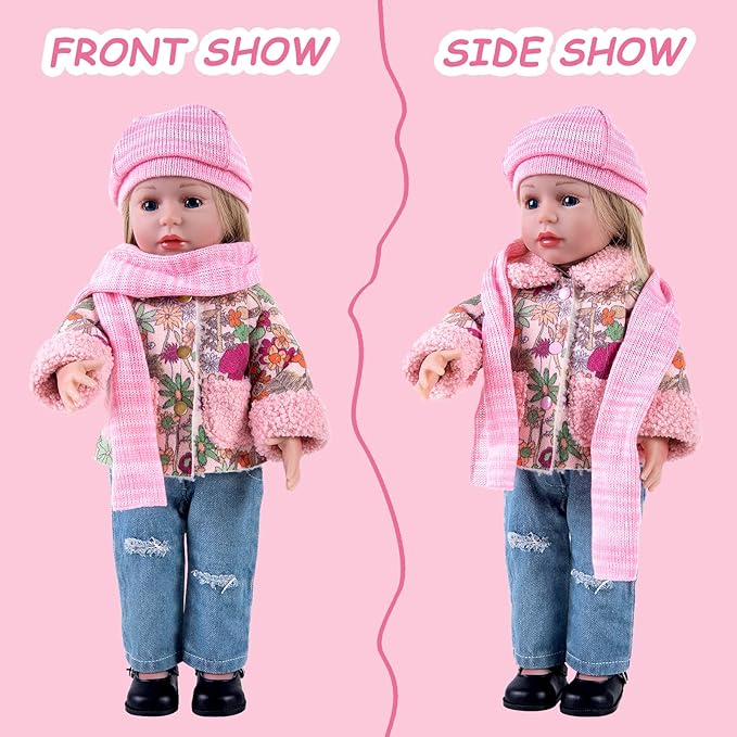 Doll Clothes 4 Piece Set Includes Pink Flower Snow Jacket, Knitted Wool Hat, Scarf and Hipster Jeans Fits for 18" American Girl Dolls (Doll and Shoes Not Included)