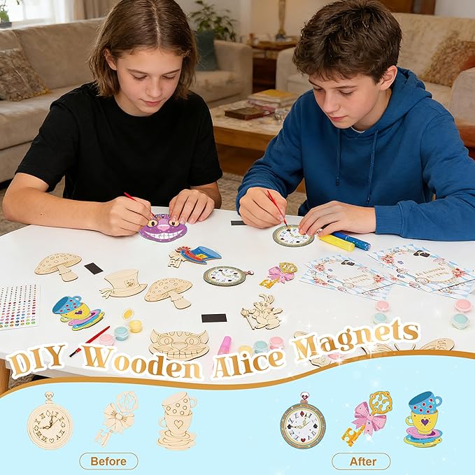 Bafeil 24 Sets Alice Party Favors, DIY Wooden Painting Crafts Kit with Magnets, Wonderland Birthday Decorations, Tea Party Supplies Goodie Bags Gifts Stuffers Prizes Classroom Rewards