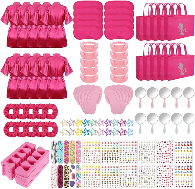 122 Pcs Kids Spa Party Favors Kit - Girls Satin Robes, Nail Salon & Tote Bags for Slumber, Birthday & Halloween Parties - Complete DIY Spa Set for 10 Guests