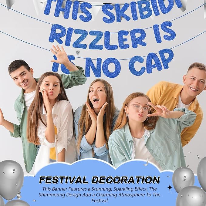 Fulmoon Pre Strung This Skibidi Rizzler Is 16 No Cap Glitter Banner 16th Birthday Party Decorations, Funny Birthday Sign, Party Supplies, Ideas, Gifts, Dark Blue