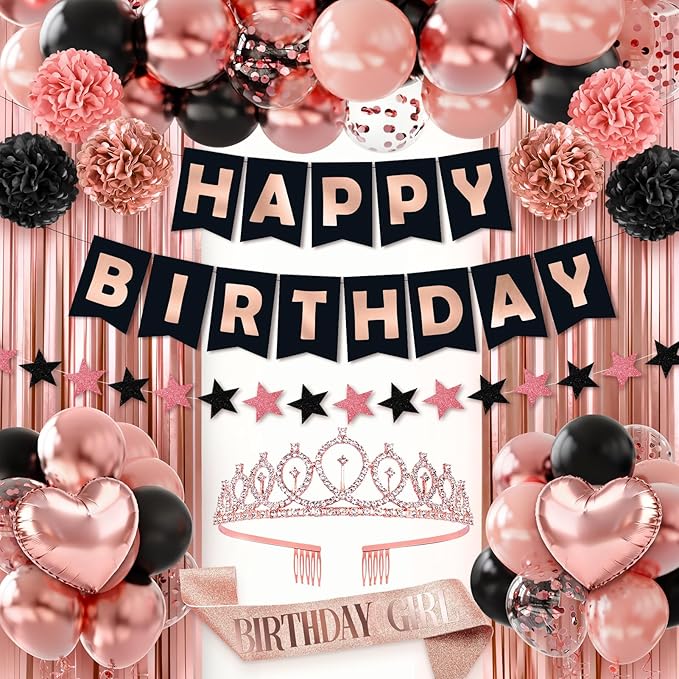 Rose Gold Birthday Decorations, 44Pcs Black & Rose Gold Birthdays Decorations for Women Include Birthday Girl Sash Crown Fringe Curtain & Foil Balloons for Women Girls Party Supplies