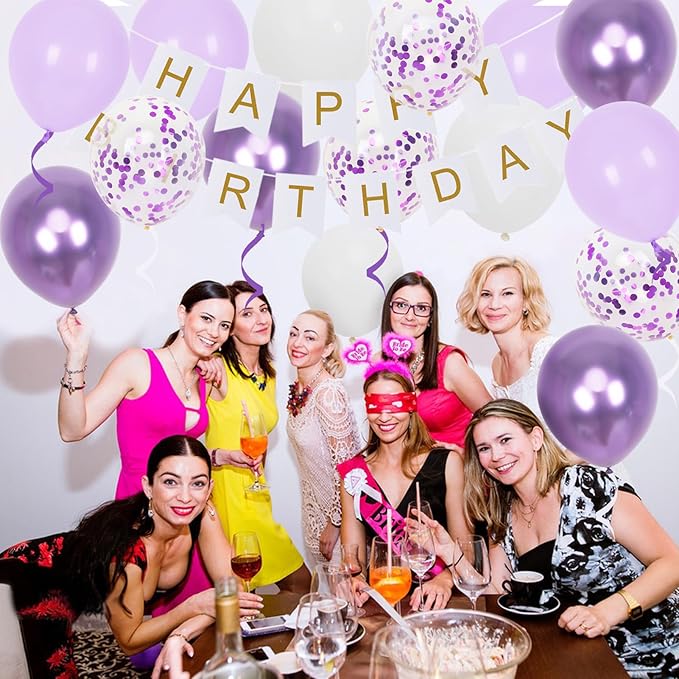 Happy Birthday Banner, Purple Birthday Decoration, 16 Pcs 12in Balloons with 2 Ribbons for Men Women Girls and Boys Party Decoration