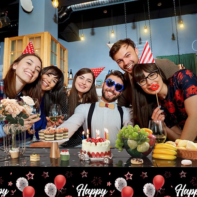 Breling Birthday Party Supplies Confetti Sprinkles Happy Birthday Tablecloths Starry Table Covers for Party Decorations, 54 x 108 Inches(Red and Black,3 Pack)