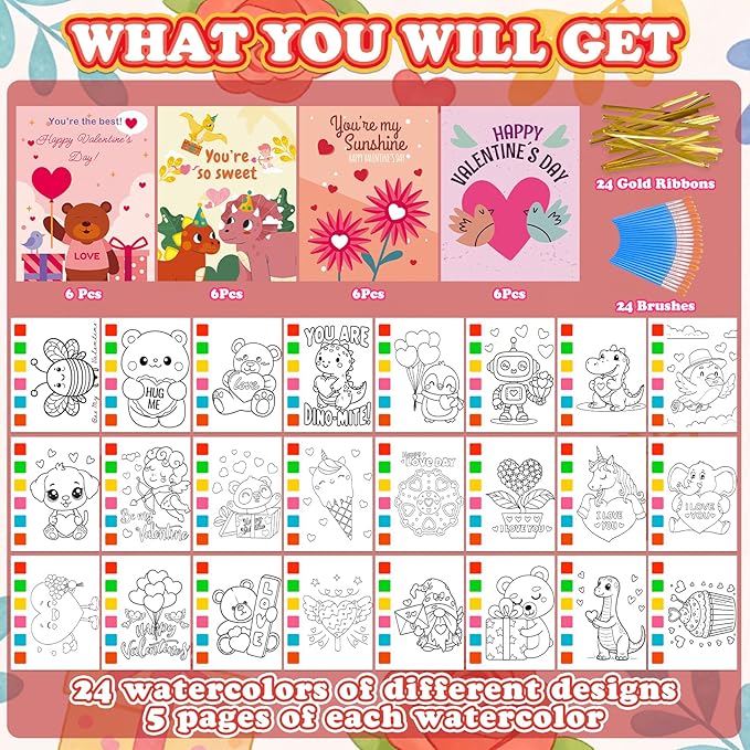 Valentines Day Gifts for Kids, 120Pcs Water Coloring Books & 320Pcs Temporary Tattoos Bulk with Valentines Day Cards for Kids Classroom School Preschool Party Favors Valentine Toddlers Crafts Prizes