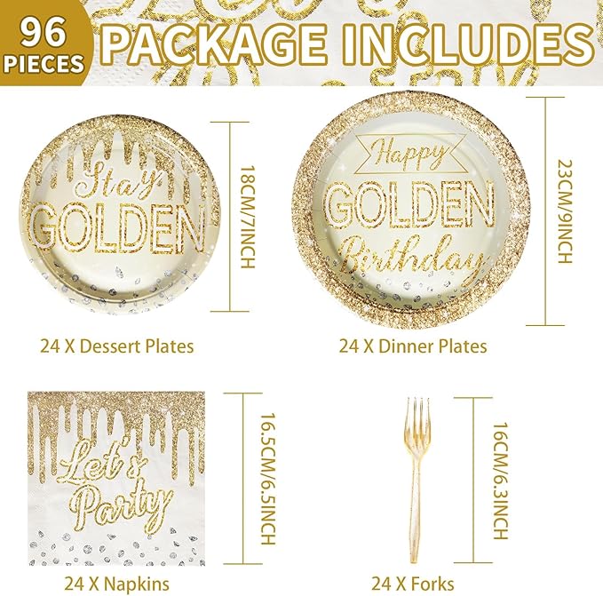 96Pcs Happy Golden Birthday Party Supplies 350GSM Gold Silver Diamond Paper Plates and Napkins Tableware Sets Golden Birthday Party Decorations for Women Men Anniversary Wedding Party Favors Serve 24