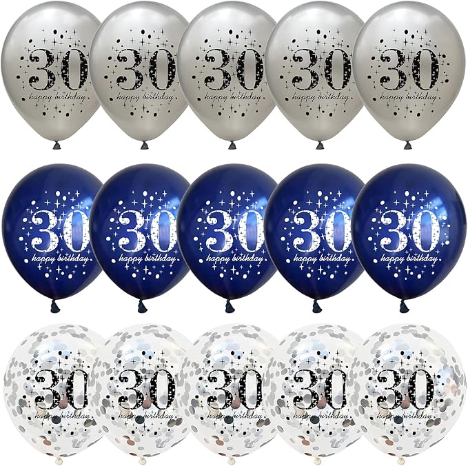 Blue Silver 30th Birthday Latex Balloons, Navy Blue Silver Happy 30th Birthday Party Decorations for Men, 15 Pcs 30th Balloons for Him Age 30 Years Old Birthday Celebration Party Decorations Supplies