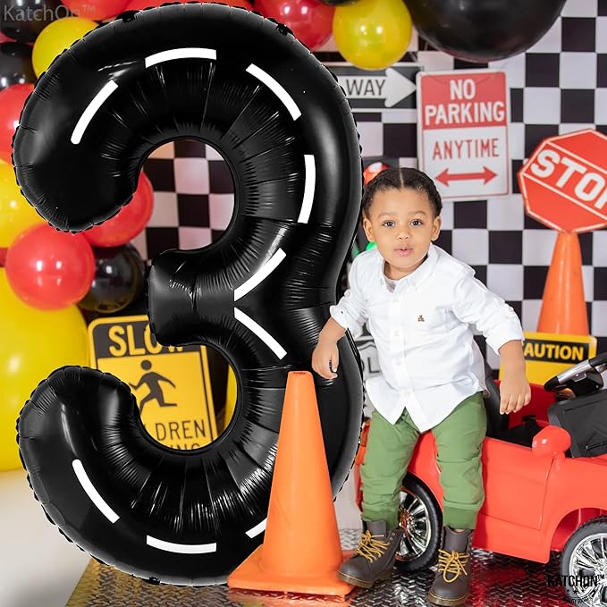 KatchOn Giant Number 3 Balloon - 40 Inch | Number 3 Race Car Balloon for Construction Birthday Party Supplies 3 Year Old