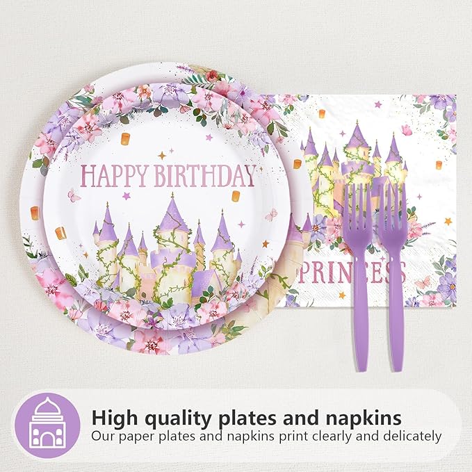 96Pcs Princess Birthday Party Supplies Purple Tower Castle Party Plates and Napkins Disposable Purple Princess Themed Tableware Set for Birthday Baby Shower Wedding Decorations, Serves 24