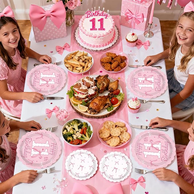 96Pcs Pink Bow Party Supplies Coquette 11th Birthday Party Plates and Napkins Disposable Bow Themed Tableware Set for Girl Happy 11th Birthday Baby Shower Decorations, Serves 24