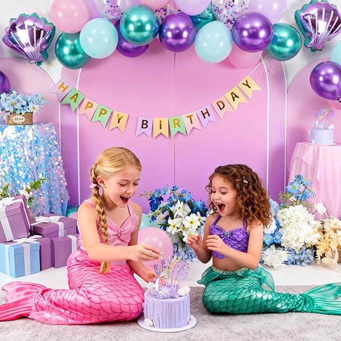 Mermaid 3rd Birthday Decorations for Girls,3rd Party Decorations Metallic Purple Green Pink Blue Latex Balloons Number 3 Seashell Foil Balloons Banner Cake Topper Sea Party Decor