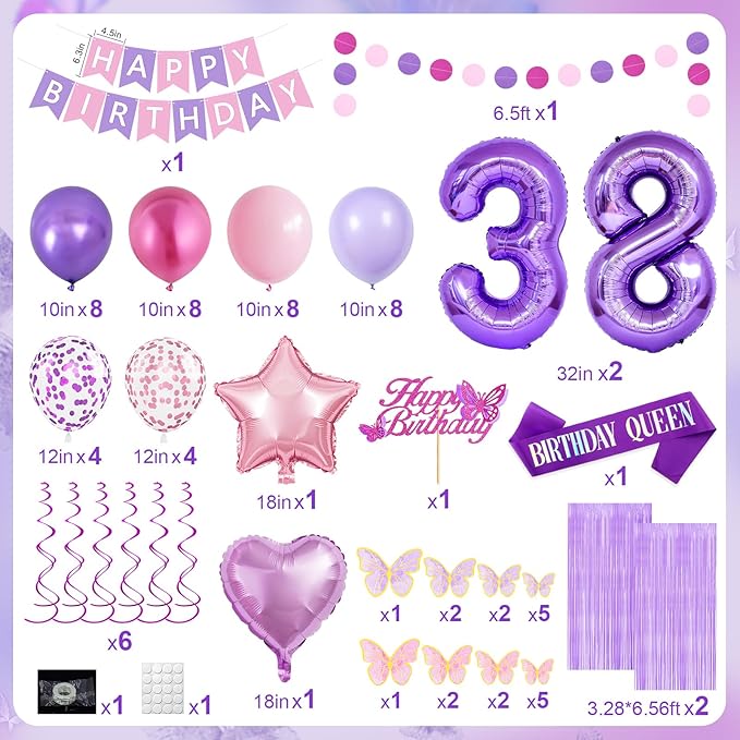 38th Purple Birthday Decorations for Women, Pink and Purple Happy 38 Birthday Party Decorations with Happy Birthday Banner, Number Foil Balloons, Butterfly Cake Topper for 38th Party Supplies