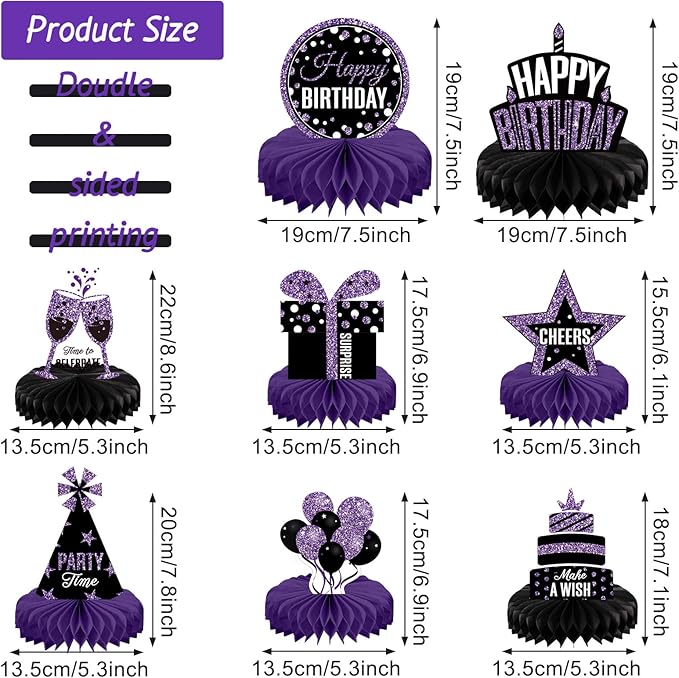 Pajean 8 Pieces Purple and Black Birthday Party Honeycomb Centerpieces Purple Black Table Centerpieces Decorations Table Centerpiece Sign for Kids Adults Party Supplies