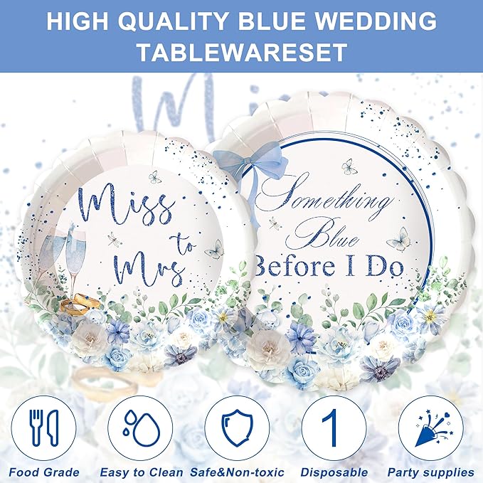 120PCS Something Blue Before I Do Decorations for Wedding Blue Floral Bridal Shower Party Supplies Bachelorette Tableware Set Miss to Mrs Plates Napkins Cups Forks Knives for 20 Guests