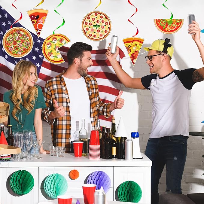 Teling 48 Pcs Pizza Party Decorations Hanging Swirls, Turtle Pizza Theme Birthday Supplies for Adult, Italian Food Party Ceiling Streamers for Classroom & Family Gathering