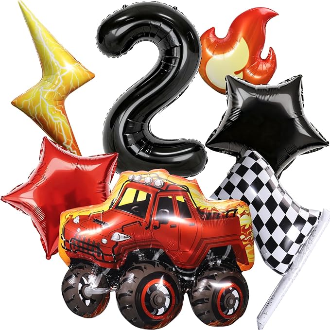Truck Number 2 Balloons, Huge Truck Flags Lightning Flame Stars Aluminum Foil Balloons for 2nd Birthday, Race Car Theme Party Decorations Supplies