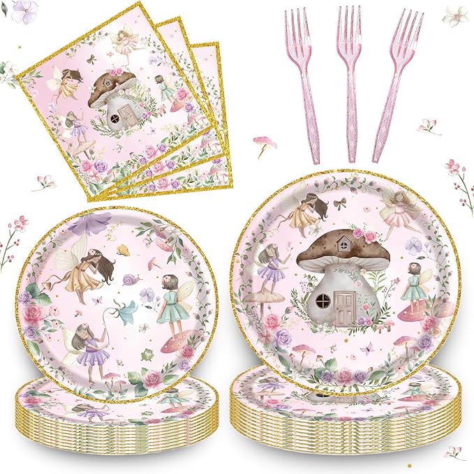 192 Pcs Fairy Party Tableware Set (Serves 48 Guests), Plates, Napkins, Forks, Enchanted Garden Theme for 1st Birthday, Baby Shower, Girls Fairy Party Decorations
