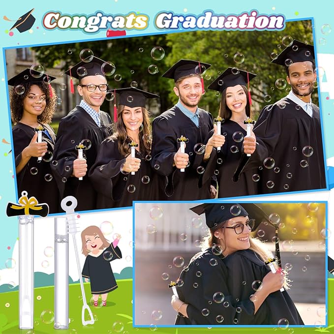 48 Pcs 4.2'' Mini Bubble Wands Bubbles Party Favors Birthday Party Supplies Favor Decorations for Gift Back to School Goodie Bag, Contains Liquid(Graduation)