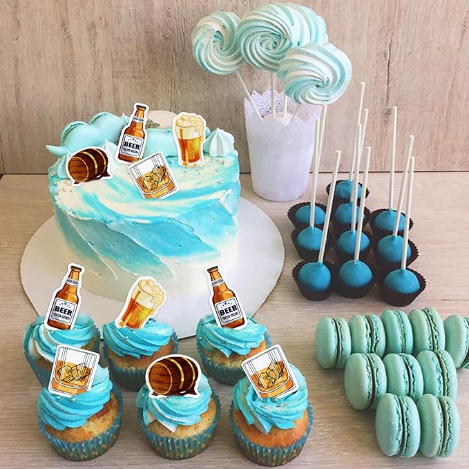 Ercadio 40 PCS Edible Beer Party Cupcake Toppers Cheers and Beers Happy Birthday Party for Father's Day Beer Kegs Cake Drink Topper Favor for Summer Family Party Decor Supplies