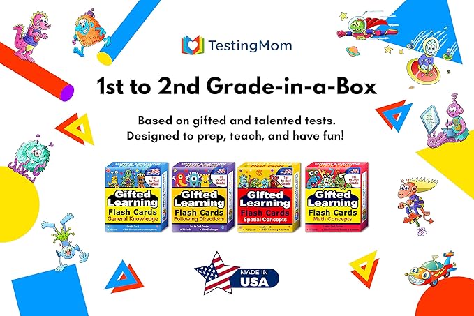 TestingMom.com Gifted Learning Flash Cards Bundle - Educational Flash Cards for 6-8 Years - Knowledge, Spatial Concepts, Following Directions and Math Flash Cards for Grade 1-2 CogAT, OLSAT, NNAT